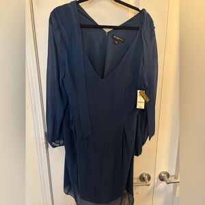 NEW! Women's INC Chiffon Dress L Blue Navy Teal back zip sheer sleeves NWT